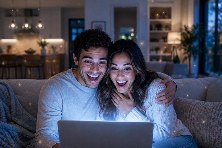 Pareja explorando una propiedad en línea desde una laptop