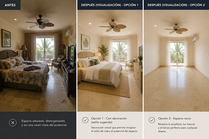 Dormitorio antes y dos opciones de decoración virtual