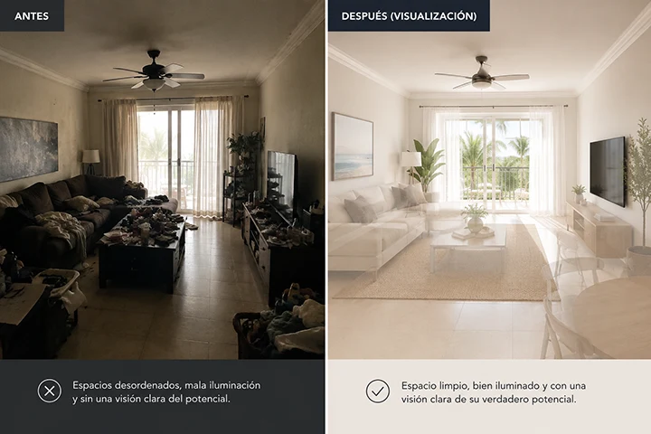 Comparación antes y después de la visualización de una sala